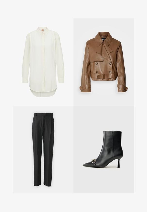 Jachetă cropt din piele maro, cu guler larg, nasturi dubli și o curea, expusă pe un fundal alb simplu.; Cămașă albă cu mâneci lungi, cu guler, cu închidere cu nasturi și hem ușor curbat. Material neted cu o croială lejeră.; Pantaloni negri croiți dintr-un material ușor, cu croi drept, față plată și bucle pentru curea. Textură netedă fără modele vizibile.; Botine negre din piele, cu vârf ascuțit, toc subțire de înălțime medie și detaliu cu cataramă argintie pe lateral, pe un fundal simplu.