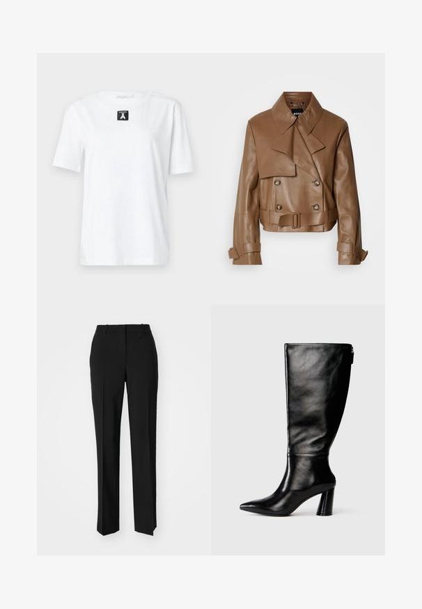 Pruun nahkne lühike jaki, millel on lai krae, topelt-nupud ja vöö, mis on esitatud liigselt valge tausta ees.; Valge puuvillane T-särk lühikeste varrukatega, ümar kaelus ja ees must ristkülikukujuline silt, millel on logo. Lihtne ja mitmekülgne disain.; Mustad ja sirged püksid, millel on sile tekstuur ja teravad voldid esiosas. Ilma nähtavate detailideta.; Knee-high musta nahksaabas terava nina, siledat pinnad ja paks konts. Tagaküljel on tõmblukk.