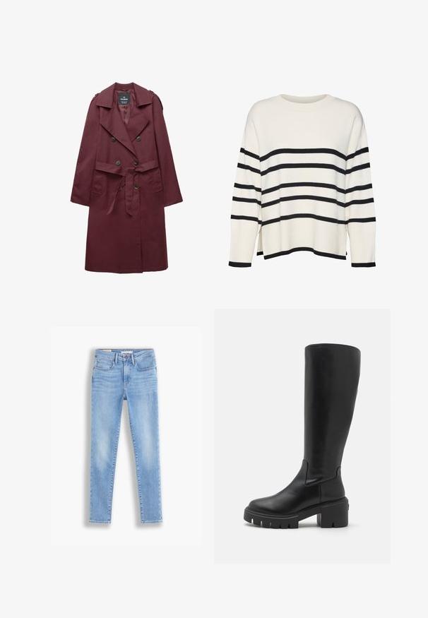 Long manteau trench bordeaux à double boutonnage avec larges revers, détails de boutons, ceinture en tissu et poches latérales, suspendu à plat sur fond blanc.; Pull en maille blanc avec des rayures horizontales noires, poignets et ourlet côtelés, coupe décontractée, col rond et fentes sur les côtés à la taille.; Jean en denim bleu clair à coupe slim, comprenant cinq poches, une fermeture à bouton et à glissière, et un léger délavage le long des jambes.; Bottes en cuir noires montantes avec une texture lisse, semelle plateforme épaisse et un design à bout carré. Style minimaliste sans accents visibles.