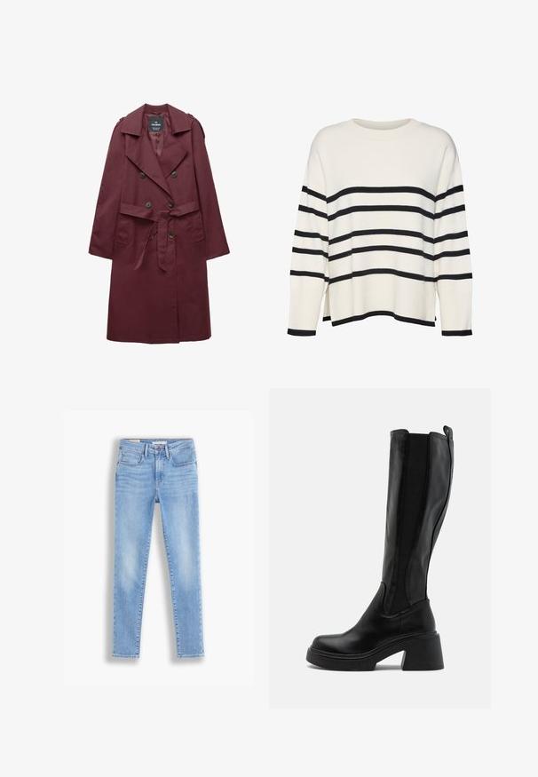 Cappotto trench bordeaux doppiopetto lungo con ampi risvolti, dettagli con bottoni, una cintura in tessuto e tasche laterali, appeso su uno sfondo bianco.; Maglione bianco a maglia con righe orizzontali nere, polsini e orlo a coste, vestibilità comoda, scollatura tonda e spacchi laterali in vita.; Jeans in denim azzurro chiaro con una vestibilità aderente, dotati di cinque tasche, chiusura con bottone e zip, e leggere sfumature lungo le gambe.; Stivali neri al ginocchio con finitura in pelle liscia, pannelli laterali elastici e tacco spesso stratificato. Design minimalista senza motivi.