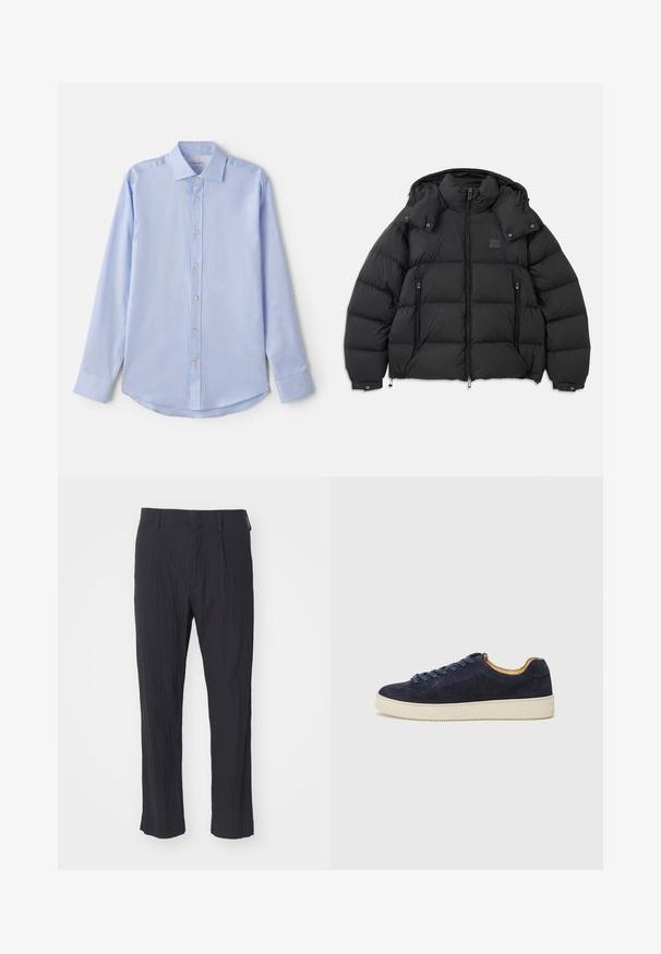 Juodas pūkinis džemperis su aukštu apykakle, nuimamu kapišonu, užtrauktuku priekyje ir dviem užtrauktukais uždaromomis šoninėmis kišenėmis; turi siuvinėtas dalis.; Šviesiai mėlyna ilgomis rankovėmis marška, pagaminta iš audinio, su mygtukų užsegimu priekyje, išsiplėtusiu apykakle ir apvaliu kraštu. Paprastas dizainas su subtilia tekstūra.; Juodos pregamos kelnės su tekstūruotu audiniu, turinčios tiesią kojos dizainą ir standartinį liemenį. Nėra matomų kišenių ar metalinių detalių.; Jūros laivyno zomšiniai žemakulniai sportbačiai su apvaliu nosiu, šviesiai balta guma sole ir atitinkančiomis raištelėmis; turi kontrastingą tan spalvos vidinę pamušalą.