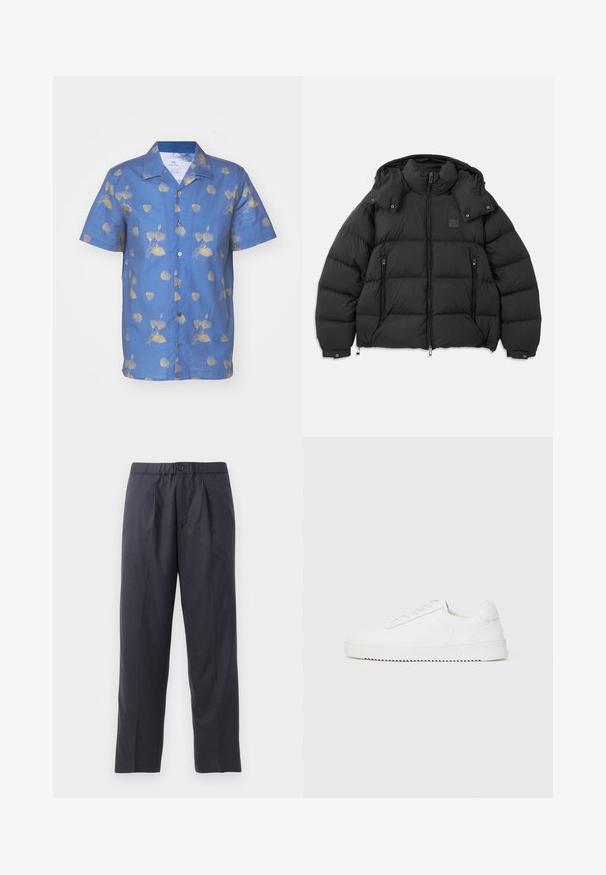 Chaqueta acolchada negra con cuello alto, capucha desmontable, cierre frontal y dos bolsillos laterales con cremallera; presenta paneles acolchados.; Camisa de manga corta en tela azul con patrón floral amarillo, con cuello y cierre de botones en la parte delantera. Textura suave.; Pantalones oscuros de color azul marino, hechos de una tela suave, con un diseño de frente plisado y cintura elástica. Cuentan con un cierre de botón y un corte recto.; Zapatilla blanca con parte superior de cuero suave, puntera redondeada, cordones, acentos laterales texturizados y suela de goma gruesa. Diseño minimalista.