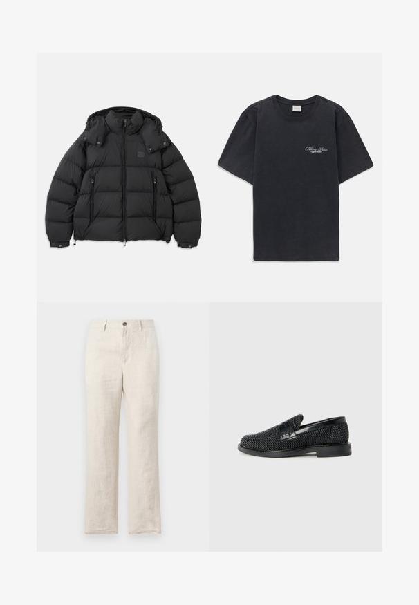 Doudoune noire avec un col haut, capuche amovible, fermeture éclair à l'avant et deux poches latérales zippées ; possède des panneaux matelassés.; T-shirt noir à manches courtes et col rond avec un petit logo « Filling Pieces » en blanc sur la poitrine gauche.; Pantalons en lin dans une teinte beige clair, présentant une coupe droite, des poches avant et une fermeture à un bouton à la taille.; Chaussure slip-on tissée noire avec un accent en cuir lisse sur le dessus, un design à bout rond et une semelle en caoutchouc à profil bas.