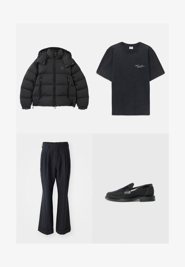 Jachetă puf din material negru, cu guler înalt, glugă detașabilă, fermoar în față și două buzunare laterale cu fermoar; prezintă panouri matlasate.; Tricou negru cu mânecă scurtă și gât rotund, având un mic logo alb "Filling Pieces" pe partea stângă a pieptului.; Pantaloni negri croiți, cu o potrivire relaxată, față pliată și picioare largi. Prezintă un tiv cu manșete și o textură de țesătură netedă.; Pantofii negri din material textil, cu accent din piele netedă pe partea superioară, design cu vârf rotund și talpă din cauciuc de profil redus.