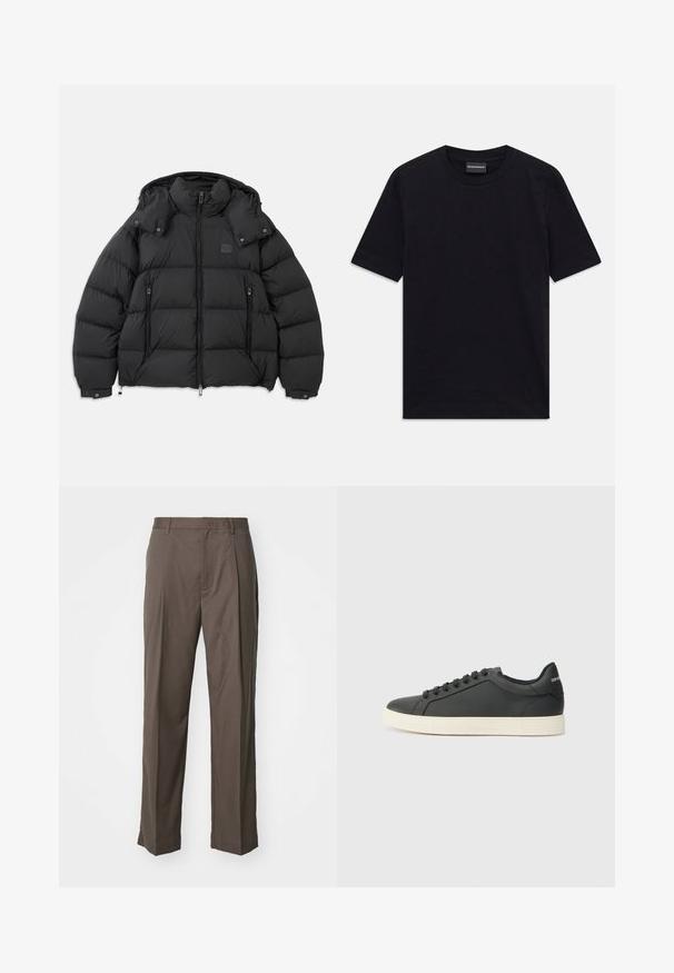 Černá péřovka s vysokým límcem, odnímatelnou kapucí, zipem vpředu a dvěma bočními kapsami na zip; obsahuje prošívané panely.; Černé tričko s krátkým rukávem a kulatým výstřihem s jemným raženým vzorem a štítkem značky uvnitř límce, položené na bílém pozadí.; Emporio Armani Kalhoty - chocolate chip; Černé kožené tenisky s nízkým profilem, zaoblenou špičkou a šněrováním; mají texturovanou gumovou podrážku a logo na patě.