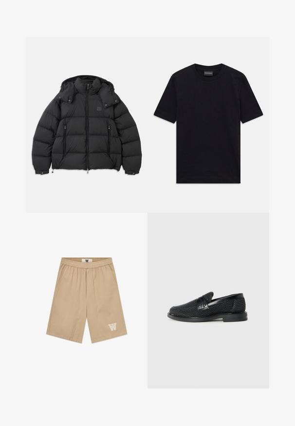 Doudoune noire avec un col haut, capuche amovible, fermeture éclair à l'avant et deux poches latérales zippées ; possède des panneaux matelassés.; T-shirt noir à manches courtes et col ras du cou avec un motif en relief subtil et une étiquette de marque à l'intérieur du col, posé à plat sur un fond blanc.; Shorts beiges en tissu léger avec une taille élastique, des poches latérales et un accent logo blanc sur la jambe inférieure gauche.; Chaussure slip-on tissée noire avec un accent en cuir lisse sur le dessus, un design à bout rond et une semelle en caoutchouc à profil bas.