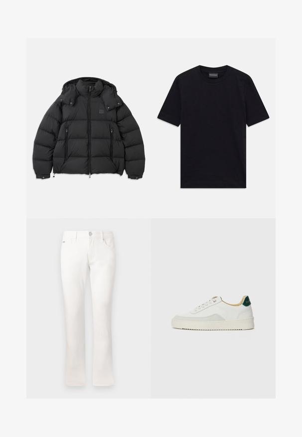 Mustad musta puffjakid kõrge kraega, eemaldatava kapuutsiga, ees lukuga ja kahe külje lukuga taskuga; omaduseks on tepitud paneelid.; Mustam short-sleeve ringiga T-särk diskreetse reljeefse mustriga ja brändi sildiga krae sees, lamades valgel taustal.; Valged teksad kitsas lõikega, valmistatud puuvillakangast. Omab viit taskut, metallist nööbiga sulgemist ja peent õmbluse detaili.; Valged tennisjalanõud, millel on sametised aktsendid, ümar varvas, lame nöörid ja kreemjas kummine põhja. Hästi nähtav roheline bränding kannal.