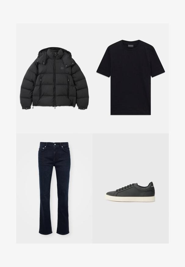 Crna puf jakna s visokim okovratnikom, odvojivom kapuljačom, prednjim patentnim zatvaračem i dva bočna džepa sa patentnim zatvaračem; sadrži prošivene panele.; Crna kratkotrajna majica s okruglim izrezom i suptilnim reljefnim uzorkom, s oznakom branda unutar ovratnika, položena ravno na bijeloj pozadini.; Tamno plave, razgušene traperice od denima, sa prednjim zatvaranjem na dugme, pet džepova i čistim linijama uz suptilno šivanje.; Crna kožna tenisica s niskim profilom, zaobljenim prstima i vezanjem; ima teksturiranu gumenu potplatu i detalj s logotipom na peti.