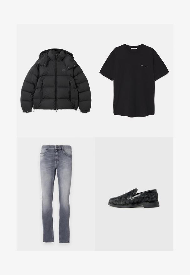 Mustad musta puffjakid kõrge kraega, eemaldatava kapuutsiga, ees lukuga ja kahe külje lukuga taskuga; omaduseks on tepitud paneelid.; Must musta T-särk, ümar kaelus, lühikesed varrukad ja valge logo trükk vasakul rinnal. Lihtne, ühtlane värvitoon.; Hallide teksast, millel on pleekinud pesu, sirge lõikega disain, viis taskut, vöölükked ja metallnupp vöökoha sulgemiseks.; Must musta kootud slip-on king, millel on pehme nahast accent ülaserval, ümmargune varvas ja madal profiiliga kummitald.