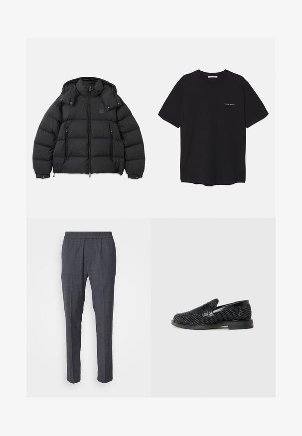 Doudoune noire avec un col haut, capuche amovible, fermeture éclair à l'avant et deux poches latérales zippées ; possède des panneaux matelassés.; T-shirt en coton noir avec un col rond, des manches courtes et un logo blanc imprimé sur la poitrine gauche. Design simple, couleur unie.; Iceberg PANTALONE - Pantalon classique - piombo; Chaussure slip-on tissée noire avec un accent en cuir lisse sur le dessus, un design à bout rond et une semelle en caoutchouc à profil bas.