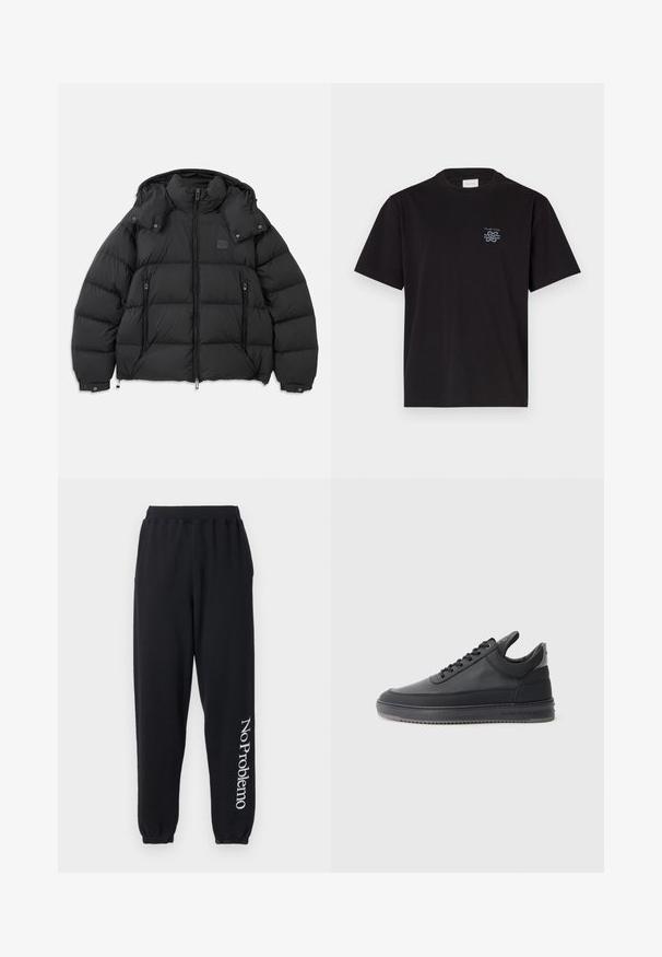 Schwarze Pufferjacke mit hohem Kragen, abnehmbarem Kapuze, Reißverschluss vorne und zwei seitlichen Zipper-Taschen; verfügt über gesteppten Einsätze.; Schwarzes Baumwoll-T-Shirt mit Rundhalsausschnitt und kurzen Ärmeln. Mit einem kleinen blauen Logo auf der linken Brust. Einfaches, gerade geschnittenes Design.; Schwarze Jogginghose aus weichem Material, mit schmal zulaufendem Schnitt und elastischen Bündchen. "No Problemo" in weiß entlang des linken Beins bedruckt.; Schwarze Leder-Sneaker mit strukturierter Oberfläche, Schnürdesign, niedrigem Schaft und grauler Gummisohle mit geriffeltem Rand.