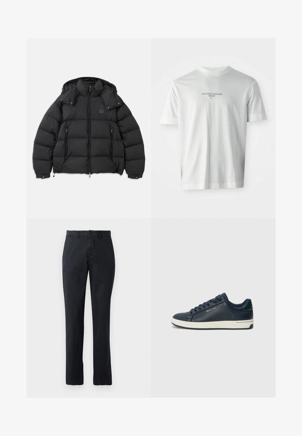 Čierna puffa bunda s vysokým golierom, odnímateľnou kapucňou, zipsom na prednej strane a dvoma zipsovými bočnými vreckami; obsahuje prešité panely.; Biele tričko s krátkym rukávom s logom "EMPORIO ARMANI MILANO" umiestneným na hrudi v jemne vystúpenom písme.; Tmavomodré nohavice chino vyrobené z bavlnenej tkaniny, s plochým predným dielom, dvoma prednými vreckami a jedným zadným vreckom so zapínaním na gombík.; Námornícke kožené tenisky s bielou gumovou podrážkou, guľatou špičkou a plochými šnúrkami. Obsahujú zelený akcent na päte a jemné logo značky na boku.