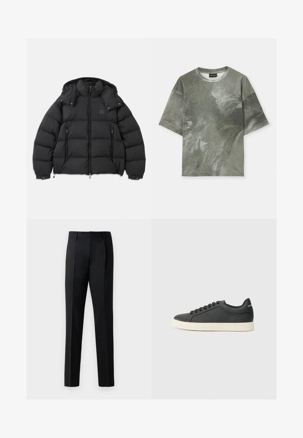 Fekete puff jack, magas gallérral, levehető kapucnival, cipzáros elülső résszel és két cipzáros oldalzsebbel; steppelt panelek jellemzik.; Rövid ujjú, szürke-zöld póló, absztrakt sas grafikával és kerek nyakkivágással, fehér háttéren bemutatva.; Fekete formális nadrág sima anyagból, egyenes szárú kialakítással, elöl pliszékkel és standard derékkal díszítés nélkül.; Fekete bőr sportcipő alacsony profilú, lekerekített orral és fűzős záródással; texturált gumitalppal és logó részlettel a saroknál.