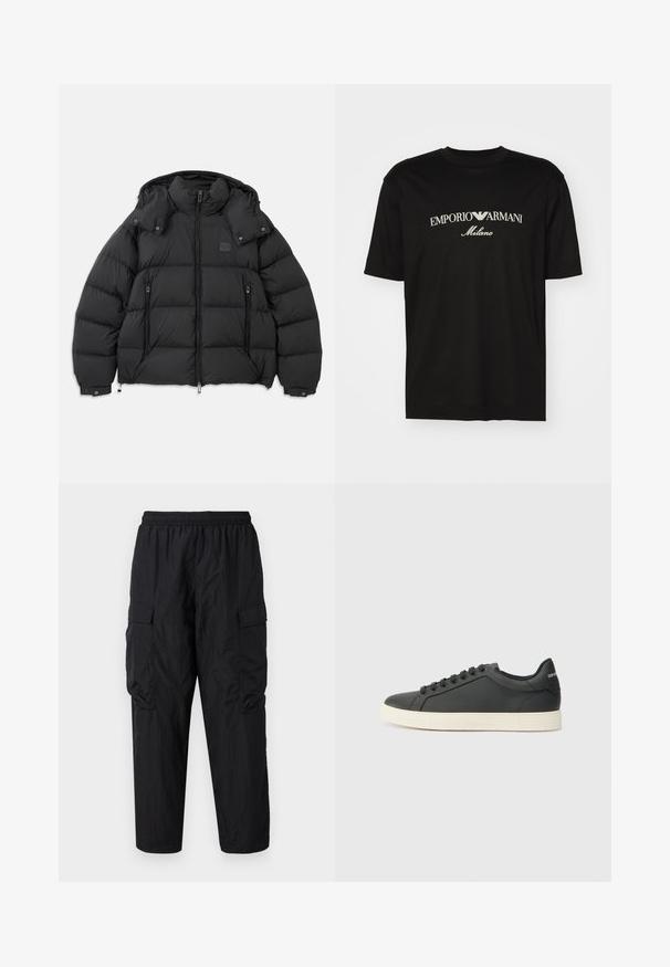 Casaco puffer preto com gola alta, capuz destacável, fecho de correr à frente e dois bolsos laterais com zíper; apresenta painéis acolchoados.; T-shirt de algodão preta com gola redonda, mangas curtas e o logo "EMPORIO ARMANI" em branco acima de "Milano" num design curvo.; Calças cargo pretas com uma cintura elástica, apresentando dois bolsos laterais e um tecido texturizado. Corte largo com um design de punho afunilado.; Sapatilha de couro preto com perfil baixo, bico arredondado e fecho de atacadores; apresenta uma sola de borracha texturizada e detalhe do logotipo no calcanhar.
