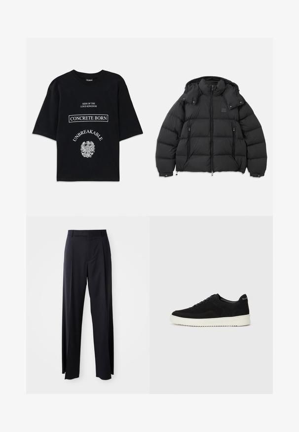 Črna puhovka z visokim ovratnikom, snemljivo kapuco, zadrgo spredaj in dvema žepoma z zadrgo; vsebuje prešitih panelov.; Črna oversize majica s kratkimi rokavi z belim napisom "Otroci glasnega kraljestva," "Betonsko rojeni," "Neuničljivi," in podrobnim grafičnim prikazom orla spodaj.; Črne hlače visoke pasu s širokimi nogavicami, narejene iz gladkega blaga. Imajo sprednje gube in zanko za pas. Minimalističen dizajn, brez vidnih dodatkov.; Črni semiš teniški copati z vezalkami in kontrastnim belim gumijastim podplatom. Imajo teksturirane stranske panele in subtilno oznako na peti.