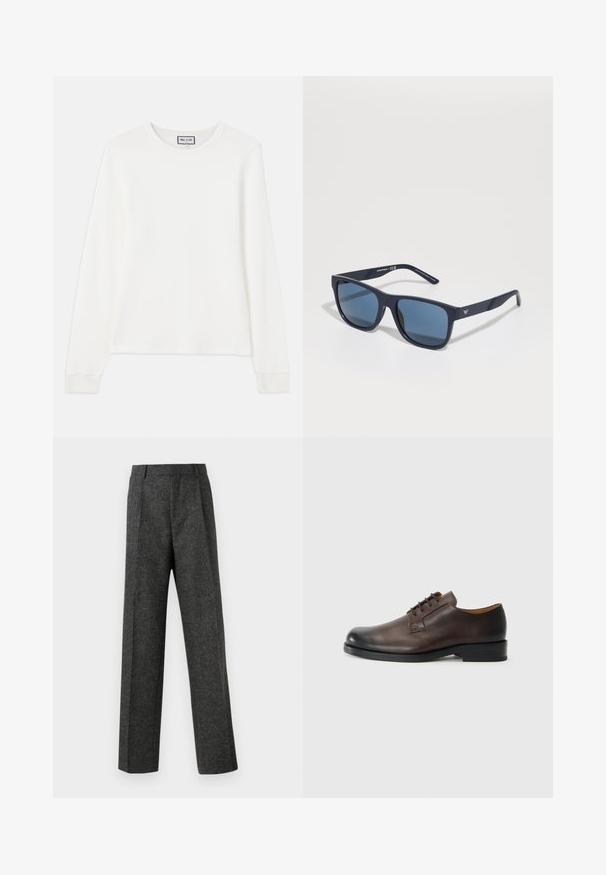 Črna puhovka z visokim ovratnikom, snemljivo kapuco, zadrgo spredaj in dvema žepoma z zadrgo; vsebuje prešitih panelov.; Bela dolgi rokav ribana pletenina z okroglim izrezom in oprijetimi manšetami. Na ovratniku je oznaka z napisom "PAUL & JOE".; Sive krojene hlače iz teksturirane tkanine, ki imajo dva sprednja nabora in ravno kroj. Brez vidnih žepov ali okrasnih elementov.; Rjave usnjene čevlje z zaobljenim nosom, nizko peto, vezalnim dizajnom in gladko površino. Imajo minimalne šive in sijajno končno obdelavo.; Modre pravokotne sončna očala s temnimi lečami, mat mornarsko okvirjem, logotipom na ušesni strani, ravnimi kraki in trdno, gladko teksturo.