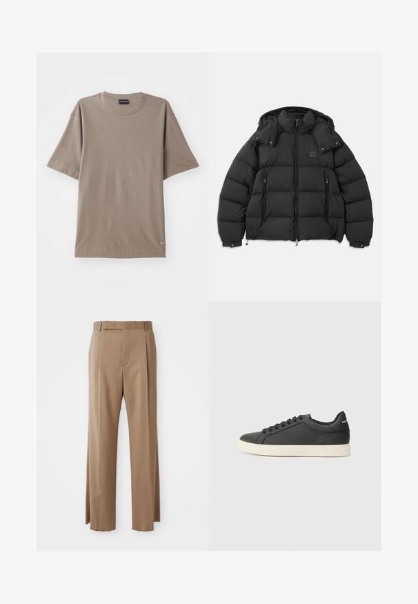 Czarna puchowa kurtka z wysokim kołnierzem, odczepianym kapturem, zamkiem z przodu oraz dwiema bocznymi kieszeniami na zamek; posiada pikowane wstawki.; Brązowy t-shirt z krótkim rękawem o kroju z okrągłym dekoltem, z subtelnym wzorem teksturowanym i małą metką z logo w dolnym lewym rogu.; Jasnobrązowe spodnie w kant o prostych nogawkach, z pętelkami na pasek, szwem z przodu i ukrytym zapięciem, wyeksponowane na białym tle.; Czarne skórzane trampki o niskim profilu, z zaokrąglonym noskiem i sznurowanym zapięciem; posiadają teksturowaną gumową podeszwę oraz detal z logo na pięcie.