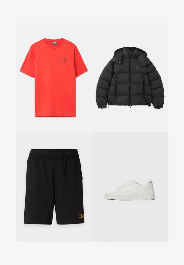 Juodas pūkinis džemperis su aukštu apykakle, nuimamu kapišonu, užtrauktuku priekyje ir dviem užtrauktukais uždaromomis šoninėmis kišenėmis; turi siuvinėtas dalis.; Raudona medvilninė marškinė su trumpomis rankovėmis, su mažuoju juodu EA7 logotipu kairėje krūtinės pusėje, klasikinio apvalaus kaklo iškirpimas.; Juoda sportinė šortai, pagaminti iš minkštos medžiagos, su elastingu diržu ir maža geltona EA7 logo apatinėje kairėje kojoje.; Balti odiniai sportiniai bateliai su lygia apdaila, apvaliu pirštu, plokščiais raišteliais ir tekstūruotu padu. Pasižymi subtiliu logotipu ant kulno.