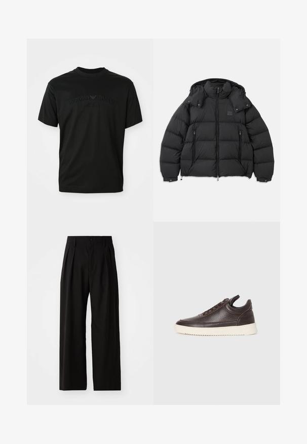 Μαύρο μπουφάν puffer με ψηλό γιακά, αποσπώμενη κουκούλα, μπροστινό φερμουάρ και δύο πλαϊνές τσέπες με φερμουάρ; διαθέτει καπιτονέ πάνελ.; Μαύρο κοντομάνικο μπλουζάκι με στρογγυλή λαιμόκοψη, διακοσμημένο με ραμμένο λογότυπο "Emporio Armani Milano" στο μπροστινό μέρος. Λείο υφή.; Μαύρο παντελόνι με φαρδιά πόδια και λεία υφή, με δύο πιέτες μπροστά, κλείσιμο με κουμπί και πλευρικές τσέπες. Ανθεκτικό υλικό.; Σκούρο καφέ υφασμάτινο δερμάτινο αθλητικό παπούτσι με δέσιμο μπροστά και λευκή ανάγλυφη καουτσούκ σόλα σε απλή ανοιχτόχρωμη φόντο.