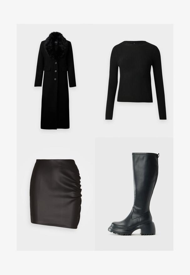 Svart lang frakk laget av ullblanding, med krage i kunstpels, fem frontknapper og to sidelommer. Glatt tekstur og skreddersydd design.; Svart ribbestrikket langermet tettsittende genser med rund hals, vist mot en ensfarget lys bakgrunn.; Svart mini-skjørt laget av glatt syntetisk materiale, med rynkedetaljer på den ene siden og en tettsittende silhuett.; Høy svart lærstøvel med chunky plattformsåle og blokkhelt, med trekkstang og teksturert mønster på yttersålen.