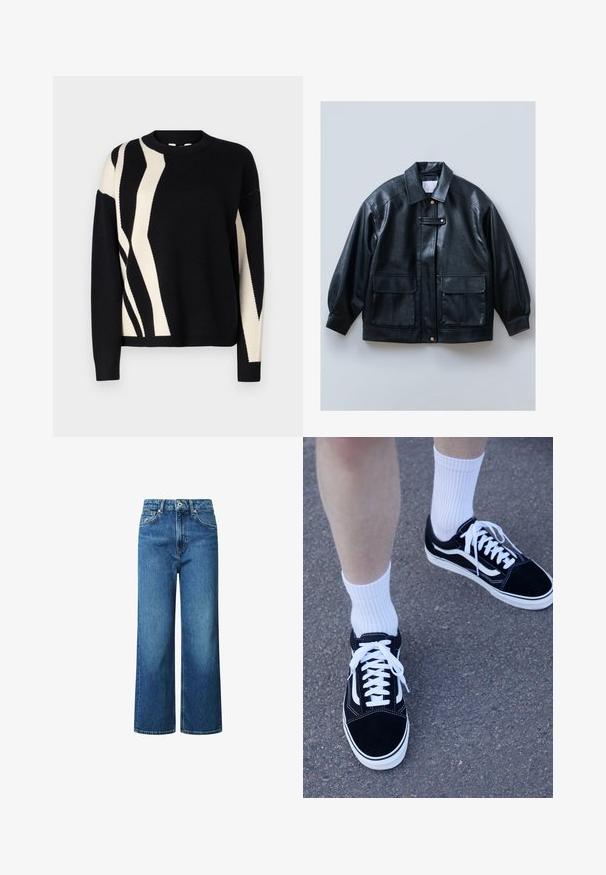 Chaqueta de cuero sintético negra con cuello tipo solapa, cierre de botones, dos bolsillos frontales con solapa y mangas estructuradas y de corte oversize.; Suéter de punto negro con un patrón abstracto en crema. Cuello redondo, mangas largas y puños acanalados. Textura suave con un corte relajado.; Vaqueros de pernera ancha de denim azul, con una cintura alta, cierre delantero de botón y detalles de costura. Sin patrones ni adornos.; Zapatillas de ante negro con acentos y cordones blancos, combinadas con calcetines de ribete blanco, situadas sobre una superficie gris texturizada.