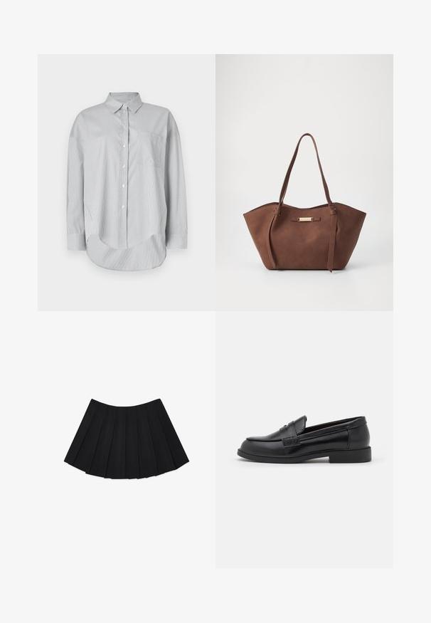 Mustat keinonahkatakki, jossa on kauluksellinen kaula-aukko, nappilukitus, kaksi etutaskua läpällä ja rakenteelliset, ylisuurentuneet hihat.; Vaaleanharmaa napitettava paita, joka on valmistettu sileästä kankaasta. Siinä on ohuet pystysuuntaiset raidat, rintatasku ja kaareva helma. Pitkät hihat.; Musta poimutettu hame, jossa on useita pystysuuntaisia laskoksia, sileä pinta ja pyöreä helma, kosteutettu piilotetulla sivuvetoketjulla.; Mustat nahka loaferit, joissa on sileä pinta, pyöreä kynsi, ommellut yksityiskohdat päällisessä ja matala, tasainen kumipohja.; Anna Field Käsilaukku - brown