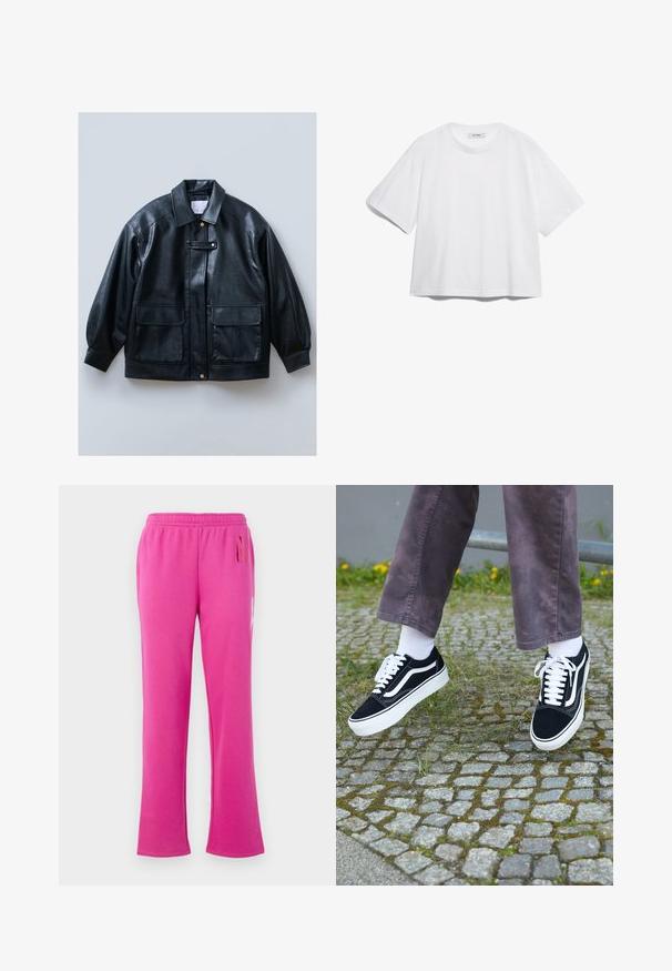 Zwarte nep leren jas met een kraag, knoopsluiting, twee voorste klepzakken en gestructureerde, oversized mouwen.; Witte katoenen T-shirt met korte mouwen, ronde halslijn, losse pasvorm en geen zichtbare patronen of afbeeldingen. Effen textuur en eenvoudig ontwerp.; Roze fleece trainingsbroek met een elastische tailleband, rechte pijpen en subtiele tekstdetails op de bovenste rechterdij.; Zwarte suède sneakers met witte accenten, met een ronde neus, dikke witte zool en klassieke vetersluiting, gedragen met witte sokken en paarse broek.