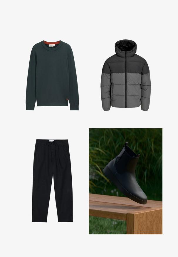 Puffas žiemos striukė juodos ir tamsiai pilkos spalvos. Yra su užtrauktuku priekyje, gobtuvu ir įsiūtu audiniu su vientisų spalvų blokais.; TOM TAILOR DENIM BASIC CREWNECK - Džemperis - dark gable green; Pier One Chino stiliaus kelnės - black; Juodos odinės kulkšninių batelių su elastingomis šoninėmis plokštelėmis, lygiu paviršiumi, apvaliu nosiu ir plokščiu padu, padėti ant medinio stalo priešais žalumynus.