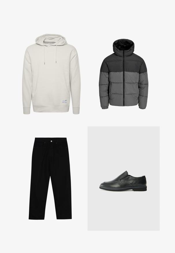 Puffjakke i svart og mørkegrå. Har glidelås foran, hettekrage og quiltet tekstur med ensfargede blokker.; Lys beige hettegenser laget av myk stoff, med en frontlomme, snorhette og ribbestrikkede mansjetter. Inkluderer en liten etikett-detalj.; Sorte denimbukser med rett benklipp, fem-lomme design og frontknappåpning. Jevn tekstur med minimale sømdetaljer.; Sorte skinn slip-on sko med en jevn overflate, stikking detaljer, rund tå og en lav gummihæl. Sålen har minimal mønstring.