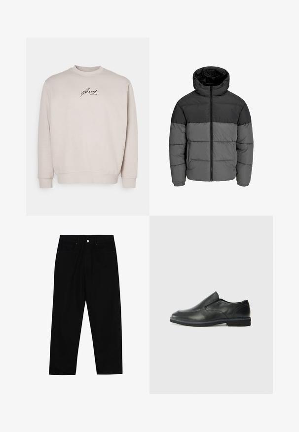 Puffjacke in Schwarz und Dunkelgrau. Sie verfügt über einen Reißverschluss an der Vorderseite, einen Kapuzenkragen und eine gesteppte Textur mit einfarbigen Blockelementen.; Beige Sweatshirt aus weichem Stoff mit Rundhalsausschnitt, langen Ärmeln und einem schwarzen gestickten Logo auf der Brust. Normale Passform.; Schwarze Jeans mit geradem Schnitt, Fünf-Taschen-Design und einem vorderen Knopfverschluss. Glatte Textur mit minimalen Nähten.; Schwarze Leder-Slipper mit glattem Obermaterial, gesteppten Akzenten, runder Zehenpartie und niedrigem Gummiabsatz. Die Sohle hat ein minimales Profil.