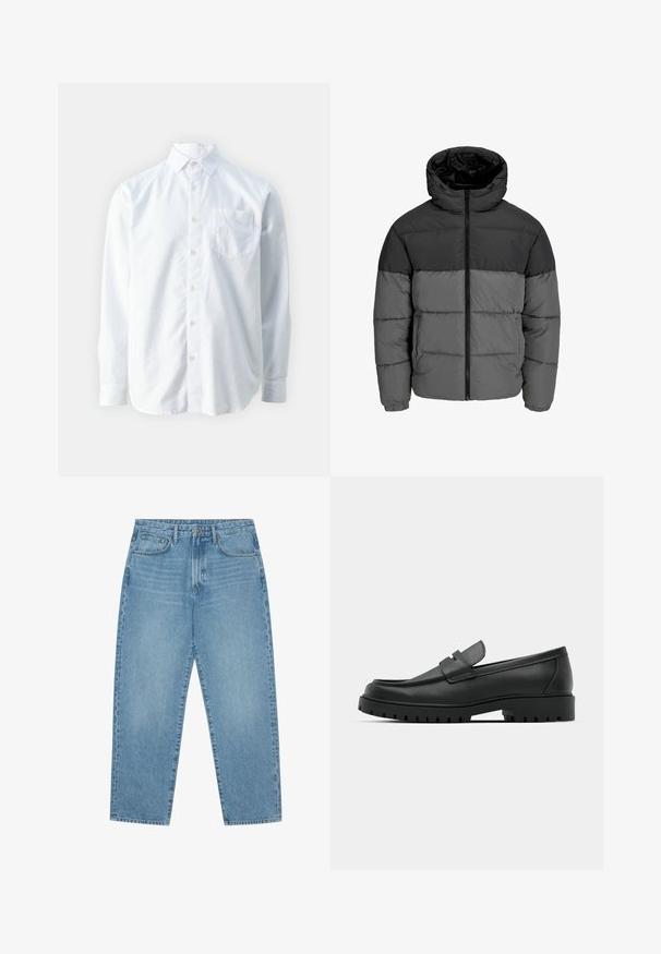 Chaqueta acolchada en negro y gris oscuro. Cuenta con un cierre frontal de cremallera, collar con capucha y textura acolchada con bloques de color sólido.; Guess COLLIN - Camisa - pure white; Jeans de denim azul claro de pierna ancha con cintura alta, que cuentan con cinco bolsillos, trabillas para cinturón y una textura suave y ligeramente deslavada.; Mocasines de cuero negro con punta redonda, que cuentan con un diseño cosido, suela de plataforma baja y una suela de goma texturada y con tacos.