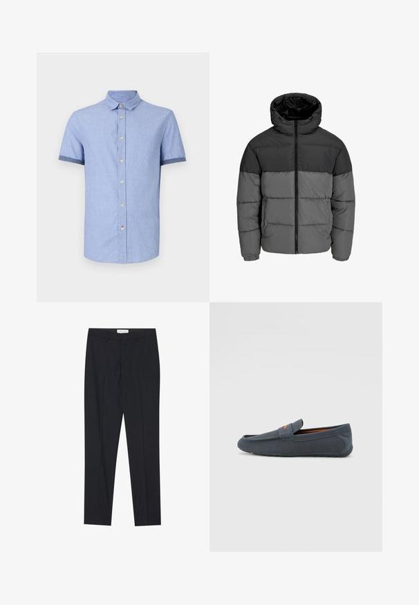 Pufferjack in zwart en donkergrijs. Beschikt over een rits aan de voorkant, een capuchon kraag en een gewatteerde textuur met effen kleurblokken.; Lichtblauw shirt met korte mouwen en een button-down kraag, voorzien van lichtbruine knopen en contrasterende donkerblauwe bies op de mouwen.; Zwarte op maat gemaakte broeken met een vlakke voorkant, reguliere pasvorm, gemaakt van een gladde stof, met persplooien en zijzakken.; Grijze geperforeerde instappers met een slip-on ontwerp, voorzien van een oranje accent, ronde neus en een gestructureerde rubberen zool.