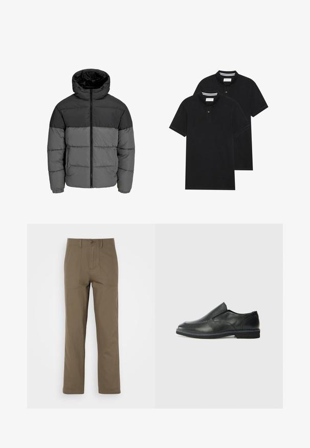 Puffas žiemos striukė juodos ir tamsiai pilkos spalvos. Yra su užtrauktuku priekyje, gobtuvu ir įsiūtu audiniu su vientisų spalvų blokais.; Du žaidimų juodos polo marškiniai, trumpomis rankovėmis, pagaminti iš medvilnės, su klasikinėmis apykaklėmis, dviem mygtukais priekyje ir baltais dryžiais apykaklės viduje.; Kavos medvilnės kelnės su tiesiomis kojomis, su dviem priekinėmis kišenėmis, mygtuko uždarymu ir lygiu paviršiumi.; Juodai odiniai įtvirtinimo batai su lygiu paviršiumi, siuvinėjimo akcentais, apvalia nosimi ir žemu guminiu kulnu. Pado raštas minimalus.