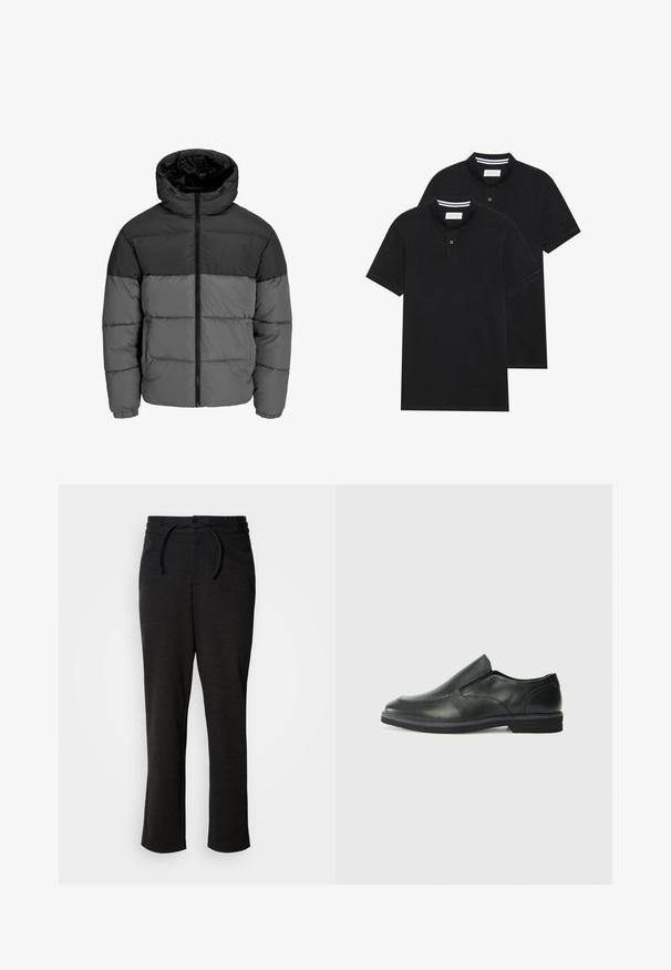 Puffer jacket in black and dark gray. Features a zip front, hooded collar, and quilted texture with solid color blocks.; Two black polo shirts, short-sleeved, cotton material, featuring a classic collar, two-button placket, and white striped accents inside the collar.; Black knit pants with a drawstring waistband, straight leg cut, and side pockets. Soft texture with a smooth finish.; Black leather slip-on shoe with a smooth upper, stitched accents, rounded toe, and a low rubber heel. Sole features minimal tread.