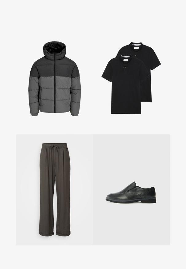Pufferjack in zwart en donkergrijs. Beschikt over een rits aan de voorkant, een capuchon kraag en een gewatteerde textuur met effen kleurblokken.; Twee zwarte polo shirts, met korte mouwen, van katoen, met een klassieke kraag, een knoopsluiting met twee knopen en witte gestreepte accenten aan de binnenkant van de kraag.; Donkergrijze wijde broek met een koord in de taille, gemaakt van een zachte, gestructureerde stof, met opgerolde manchetten bij de enkels.; Zwarte leren instapper met een soepele bovenkant, gestikte accenten, ronde neus en een lage rubberen hak. De zool heeft minimale profiel.