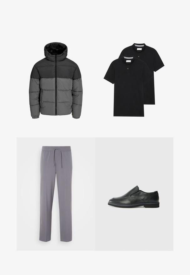 Pufasta jakna v črni in temno sivi barvi. Ima zadrgo spredaj, kapuco in prešito teksturo z enobarvnimi bloki.; Dve črne polo majice, kratke rokave, iz bombažnega materiala, z klasik ovratnikom, dvobodno zaponko in belimi črtkami znotraj ovratnika.; Sive, raztegljive hlače s ravnim sprednjim delom, elastičnim pasom in vrvico, ki vsebujejo ravne noge in gladko teksturo.; Črne usnjene natikače z gladkim zgornjim delom, prišitimi detajli, zaobljenim nosom in nizkim gumijastim petkom. Podplat ima minimalen profil.