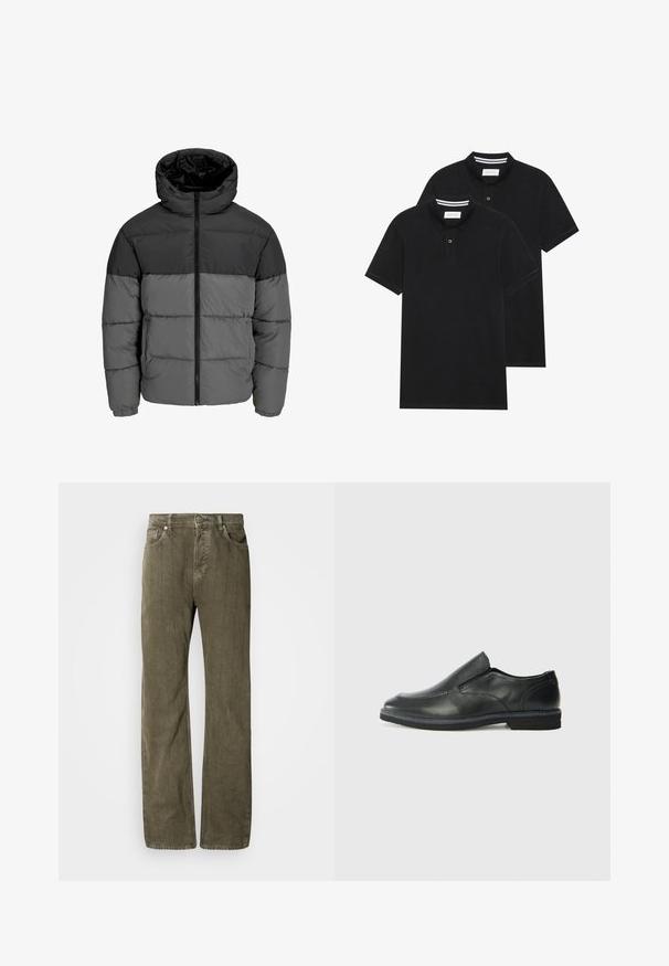 Fekete és sötétszürke puffderekú dzseki. Előlapján cipzár, kapucnis gallér, valamint steppelt textúra jellemzi, amely egy színű blokkokkal van díszítve.; Két fekete pólóing, rövid ujjú, pamut anyagból készült, klasszikus gallérral, két gombos gombolással, és fehér csíkos díszítéssel a gallér belső részén.; Olívazöld egyenes szabású farmernadrág, texturált pamutszövetből készült. Öt zseb, fémből készült gombos zárás és finom függőleges varrások jellemzik.; Fekete bőr, slip-on cipő sima felsőrésszel, varrott díszítéssel, lekerekített orral és alacsony gumitalppal. A talpa minimális bordázattal rendelkezik.
