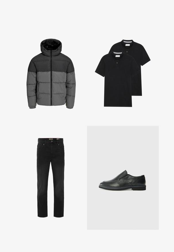 Puffas žiemos striukė juodos ir tamsiai pilkos spalvos. Yra su užtrauktuku priekyje, gobtuvu ir įsiūtu audiniu su vientisų spalvų blokais.; Du žaidimų juodos polo marškiniai, trumpomis rankovėmis, pagaminti iš medvilnės, su klasikinėmis apykaklėmis, dviem mygtukais priekyje ir baltais dryžiais apykaklės viduje.; Juodi džinsai su tiesia kojų forma. Įrengta penkios kišenės, sagtys ir subtili tekstūra. Švarus ir klasikinis apdaila.; Juodai odiniai įtvirtinimo batai su lygiu paviršiumi, siuvinėjimo akcentais, apvalia nosimi ir žemu guminiu kulnu. Pado raštas minimalus.