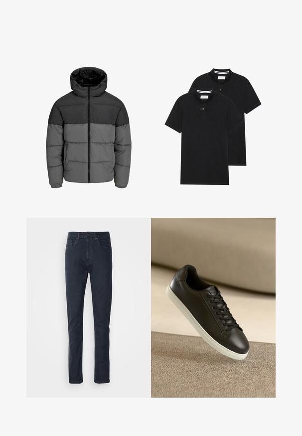 Puffas žiemos striukė juodos ir tamsiai pilkos spalvos. Yra su užtrauktuku priekyje, gobtuvu ir įsiūtu audiniu su vientisų spalvų blokais.; Du žaidimų juodos polo marškiniai, trumpomis rankovėmis, pagaminti iš medvilnės, su klasikinėmis apykaklėmis, dviem mygtukais priekyje ir baltais dryžiais apykaklės viduje.; Tamsiai mėlynos medvilnės džinsai su tiesiu siluetu, mygtuko uždarymu ir penkių kišenių dizainu. Lygus paviršius ir minimalūs siuvimo detalės.; Juodų odinių sportbačių su baltu guminiu padu ir juodomis raištelėmis nuotrauka, padėta ant šviesiai rudos tekstilės paviršiaus ir fono.