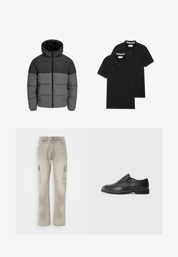 Puffer jacket in black and dark gray. Features a zip front, hooded collar, and quilted texture with solid color blocks.; Two black polo shirts, short-sleeved, cotton material, featuring a classic collar, two-button placket, and white striped accents inside the collar.; Beige cargo pants made from denim, featuring two side pockets, a straight leg design, and visible stitching. Textured finish with a faded look.; Black leather slip-on shoe with a smooth upper, stitched accents, rounded toe, and a low rubber heel. Sole features minimal tread.