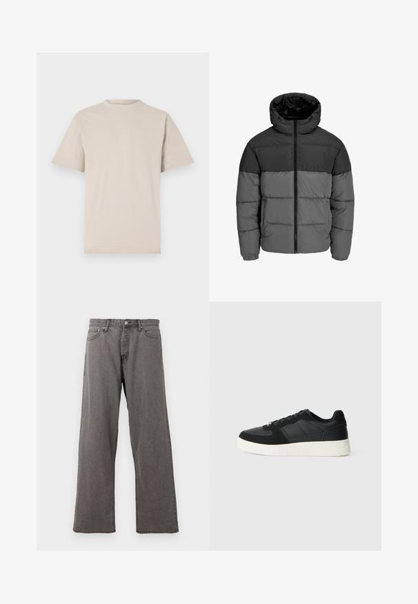 Puffer jacket in black and dark gray. Features a zip front, hooded collar, and quilted texture with solid color blocks.; Beige short-sleeve t-shirt, crew neckline, made of smooth cotton fabric, featuring a relaxed fit and no visible patterns or embellishments.; Gray straight-leg denim jeans with front button, zipper fly, and five-pocket design against a white background.; Black low-top sneaker with textured leather and suede panels, white rubber sole, and black laces on a plain light background.