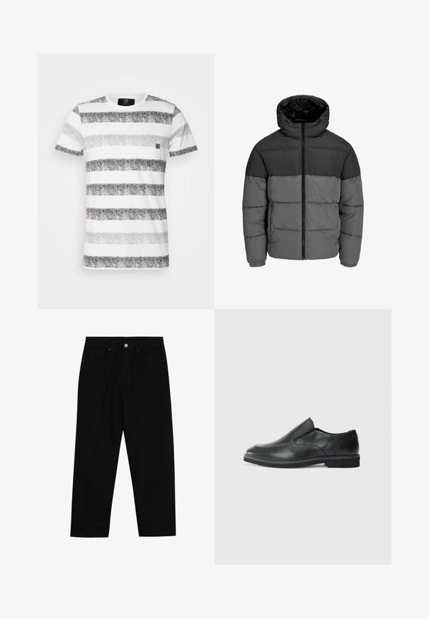 Giacca a vento in nero e grigio scuro. Presenta una zip frontale, colletto con cappuccio e una texture trapuntata con blocchi di colore solidi.; T-shirt in cotone con righe orizzontali in nero, grigio e grigio chiaro. Include una piccola tasca sul petto e un collo rotondo.; Pantaloni in denim nero con taglio dritto, design a cinque tasche e chiusura frontale con bottone. Tessuto liscio con dettagli di cucitura minimi.; Scarpa nera in pelle con inserto scivolare, superiore liscio, dettagli cuciti, punta arrotondata e tacco in gomma basso. La suola presenta un battistrada minimale.