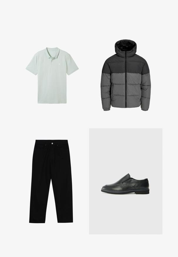 Puffjacka i svart och mörkgrått. Har dragkedja fram, huva och quiltad textur med enfärgade block.; TOM TAILOR DENIM MIT LOGO - Piké - sea foam; Svarta denimbyxor med rak passform, femficksdesign och framknäppning. Slät textur med minimala sömdetaljer.; Svart lädersko i slip-on-modell med en slät ovandel, sömnadsdetaljer, rund tå och låg gummihäl. Sulan har minimal mönstring.