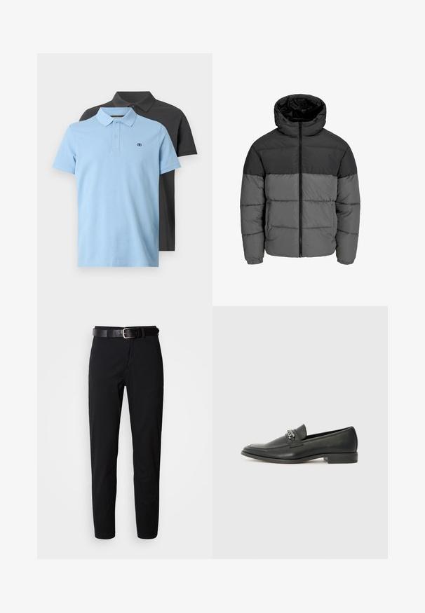 Mustang jacket musta ja tumehall. Omab edasijoonitud esiotsa, kapuutsi krae ning tikkimise tekstuuri koos ühtlaste värviblokkidega.; Kaks polo särki: üks helesinine, millel on krae ja nupud, ning teine tumehall. Mõlemal on rindkeres väike logo ja lühikesed varrukad.; Mustad püksid sirge lõikega, sileda tekstuuriga ja must nahkrihm hõbedase pandlaga. Lihtne disain, ilma mustrite või aktsentideta.; Must haveate nahkking punased, millel on sile viimistlus, tikitud muster ja dekoratiivne metallkett vampi üle. Tasane konts.