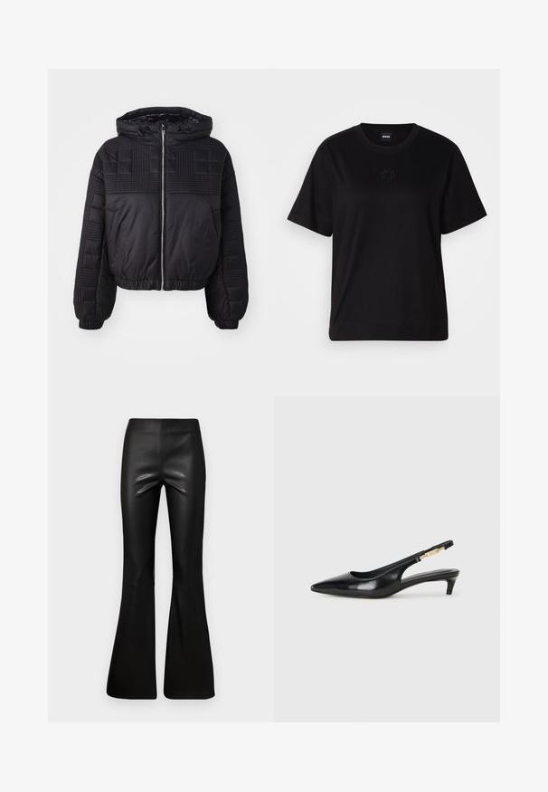 Sort pufferjakke med quiltet tekstur, hætte og elastiske manchetter. Har en frontlynlås og en cropped design.; Sort bomulds t-shirt med rund halsudskæring, korte ærmer og et broderet logo på brystet. Enkel, afslappet pasform uden mønstre.; Sorte flagrende bukser lavet af glat, skinnende materiale. Høj talje-design med en tætsiddende overdel, der flærer ud fra knæet.; Sorte læder slingback hæle med spids tå, der har en slank hæl og en guldfarvet detalje på den justerbare rem. Glat tekstur.