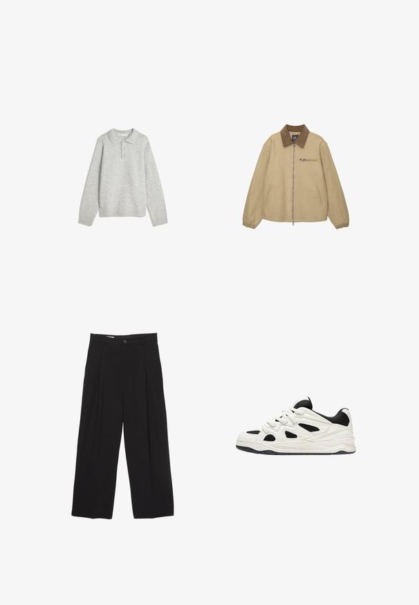 Béžová zipsová bunda s hnedým zamatovým golierom, elastickými manžetami, dvoma bočnými vreckami a jedným zipsovým vreckom na hrudi.; Sivý pletený sveter s golierom, tromi prednými gombíkmi a ribovaný dolný okraj. Tkanina vyzerá jemne a textúrovo, s uvoľneným strihom.; Čierne široké nohavice vyrobené z hladkej tkaniny, s plochým pásom, prednými záhybmi a jedným zapínaním na gombík.; Biele a čierne športové topánky s textúrovanou podrážkou, s vyrezávanými dizajnmi na stranách a šnúrkami, a s polstrovaným zadným dielom pre podporu.