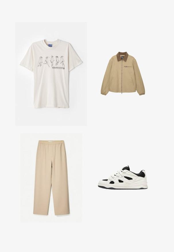 Beige színű, cipzáros dzseki barna kordbársony gallérral, rugalmas mandzsetta, két oldalsó zseb és egy cipzáras mellzseb.; Krém színű pamut póló rövid ujjakkal, középen fekete absztrakt mintával és a "KIDSUPER STUDIOS" felirattal.; Beige színű, bő szárú nadrág, gumis derékkal, puha anyagból készült, sima tapintással és minimális varrási részletekkel.; Fehér és fekete sportcipők, texturált talppal, oldalt kivágott mintákkal és fűzős megoldással, valamint párnázott hátsó résszel a támasz érdekében.
