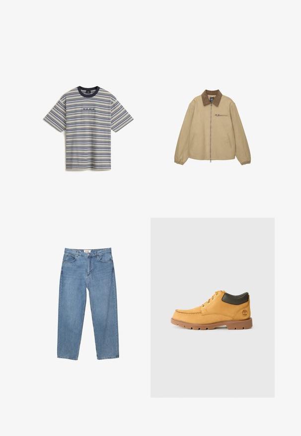 Beige Steppjacke mit braunem Cordkragen, elastischen Bündchen, zwei Seitentaschen und einer mit Reißverschluss versehenen Brusttasche.; Vans CAMERON STRIPE - T-Shirt print - white; Hellblaue Denim-Jeans mit geradem Schnitt, Fünf-Taschen-Design und einem sichtbaren Markenlabel am Bund.; Gelbes Leder-Schuhwerk mit brauner Gummisohle, runder Zehenpartie und grünem Lederdetail am Knöchel. Verfügt über goldene Ösen und Nähakzente.