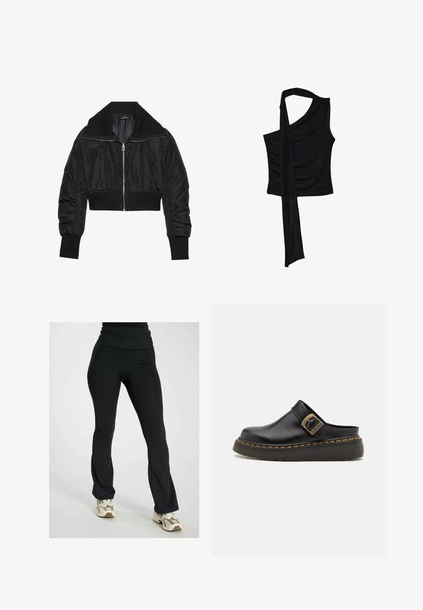 Svart kort bomberjacka med dragkedja framtill, bred krage och ribbade cuffs, med en slät, glänsande textur och vadderad design.; Svart ärmlös topp med en enda axelrem, med ett flödande, draperat accent och samlad sidstruktur. Tillverkad av ett mjukt tyg.; Svarta utsvängda leggings gjorda av elastiskt tyg, med en slät yta och hög midja, matchade med neutrala sneakers.; Svart läder mule clog med en bredrem och detaljer i mässingsspänne. Har en texturerad gummisula med gula sömnadsdetaljer.