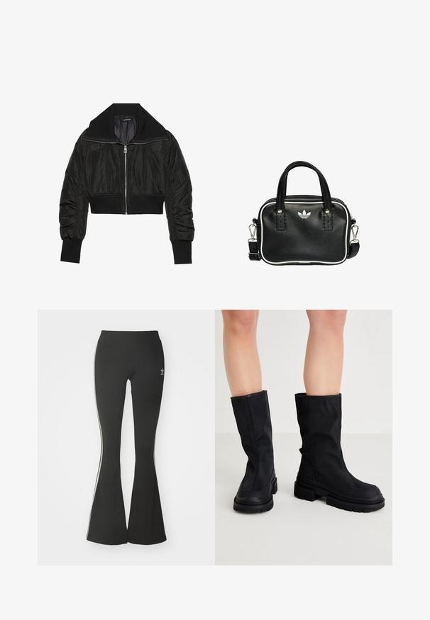 Black cropped bomber jacket featuring a zip front, wide collar, and ribbed cuffs, with a smooth, shiny texture and padded design.; Black cropped t-shirt made of cotton, featuring a ribbed white crew neck, short raglan sleeves, and white side stripes with a small logo.; Black flared leggings made of stretch fabric, featuring a high waistband and white side stripes. Includes small logo at the waist.; Black knee-high boots made of a smooth textile material with a thick rubber sole, featuring a minimalistic design and subtle stitching details.; Black leather handbag with two short handles, silver hardware, white accents, and a white logo. Features a textured surface and compact design.
